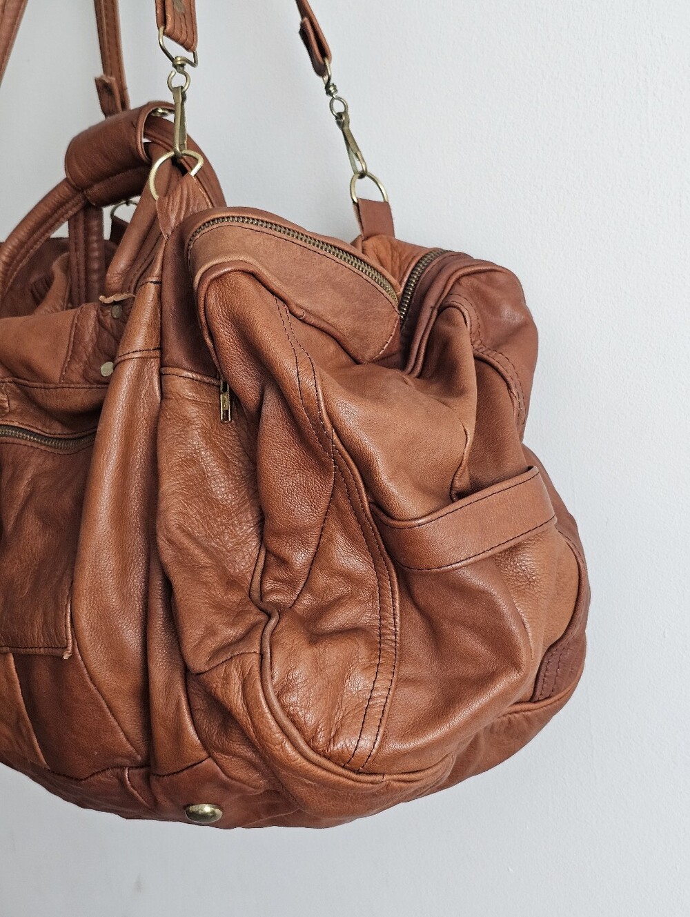 Vintage Genuine Leather Patchwork Weekender Duffel Travel Bag Cognac Brown Large - Picture 12 of 15
